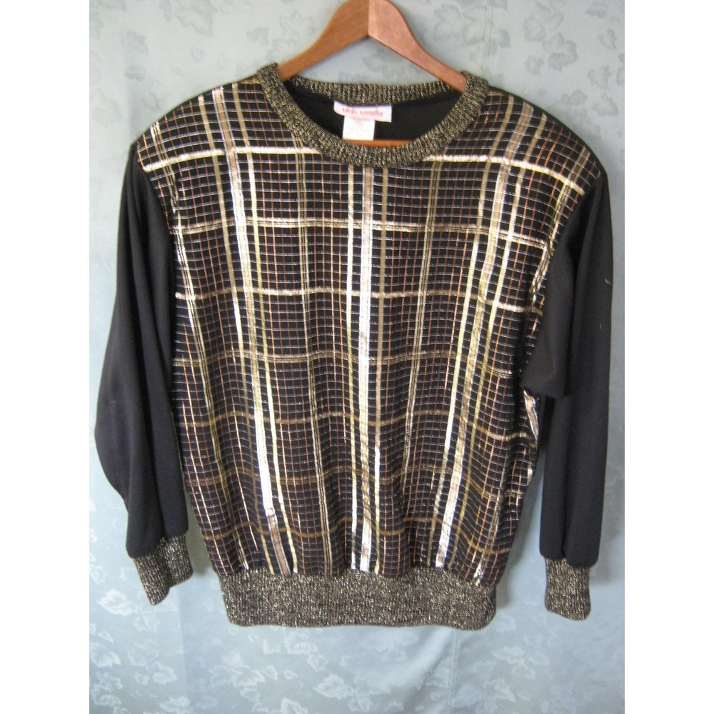 Vintage Vicky Vaughn Top Size Large Metallic Plaid Elastic Waist Sparkly Holiday